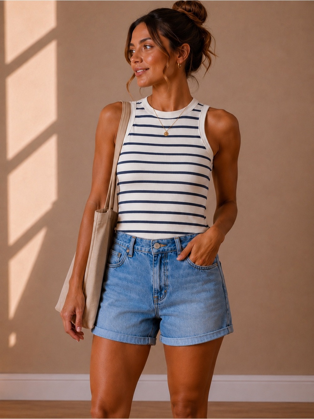SO Striped Ribbed Tank Top White Blue Striped Sleeveless Basic X-Large 1X